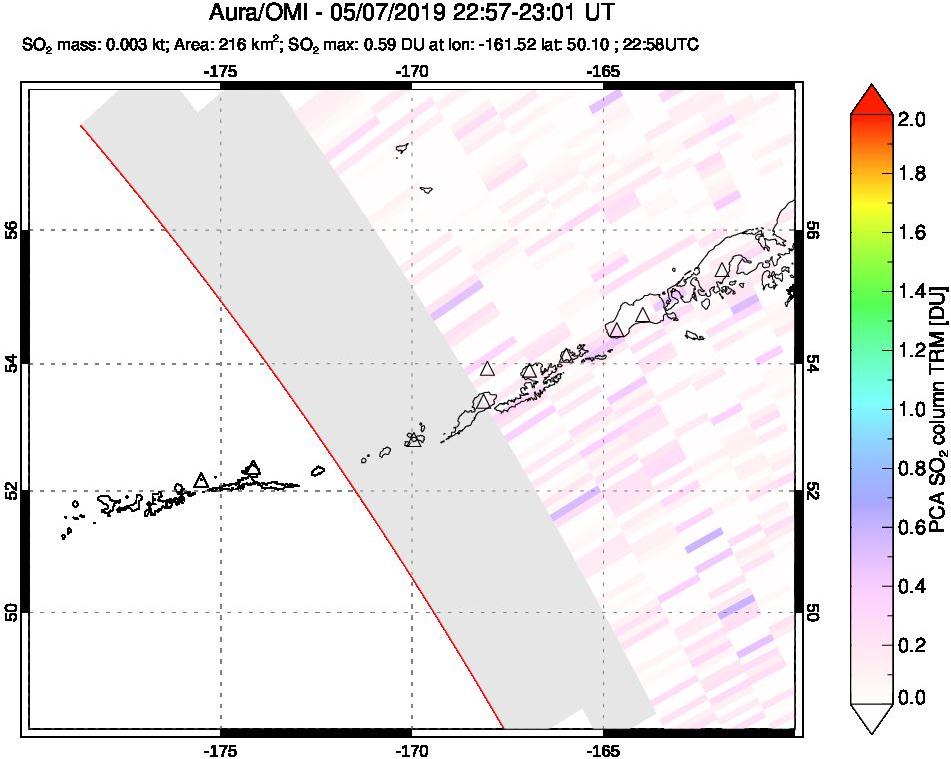 A sulfur dioxide image over Aleutian Islands, Alaska, USA on May 07, 2019.