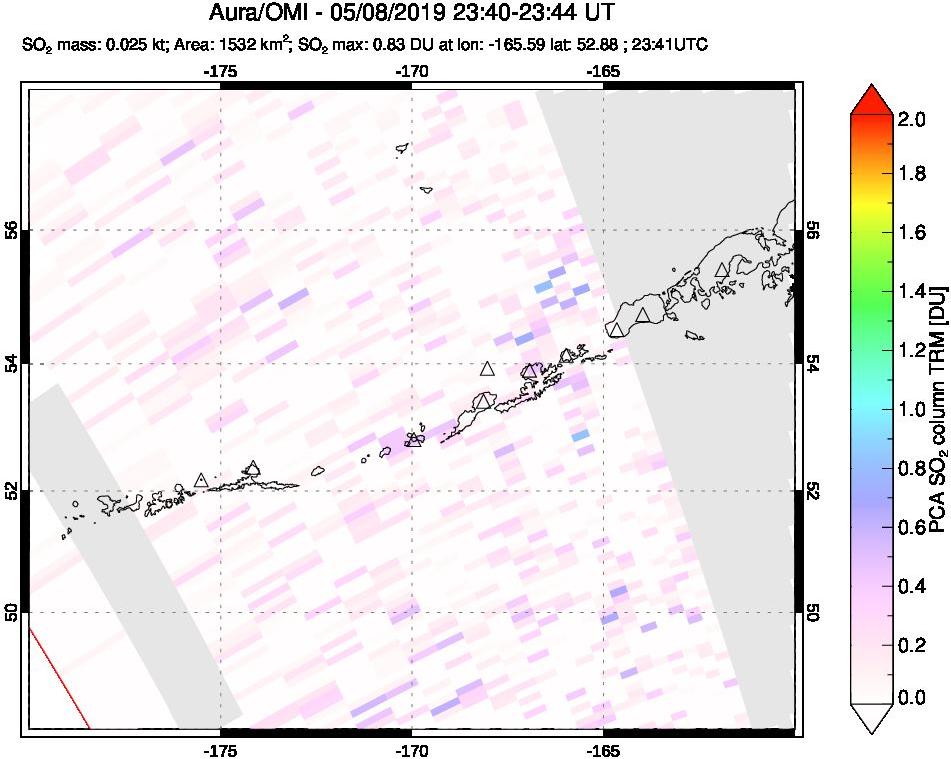 A sulfur dioxide image over Aleutian Islands, Alaska, USA on May 08, 2019.