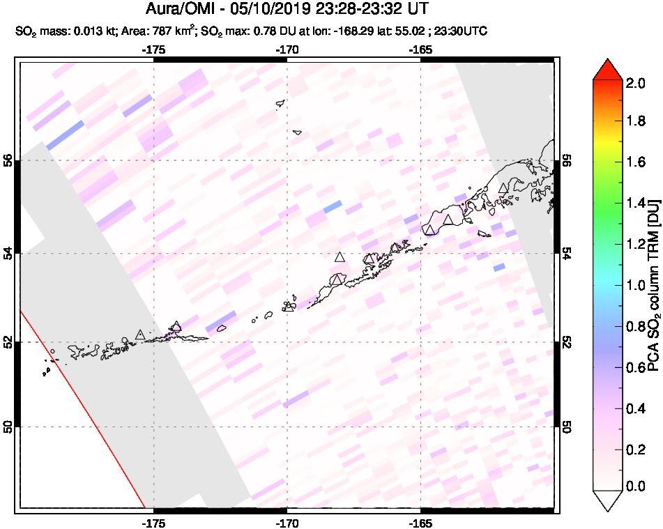 A sulfur dioxide image over Aleutian Islands, Alaska, USA on May 10, 2019.