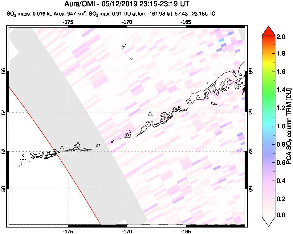 A sulfur dioxide image over Aleutian Islands, Alaska, USA on May 12, 2019.