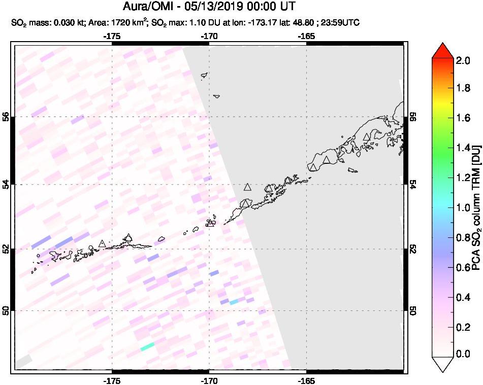 A sulfur dioxide image over Aleutian Islands, Alaska, USA on May 13, 2019.