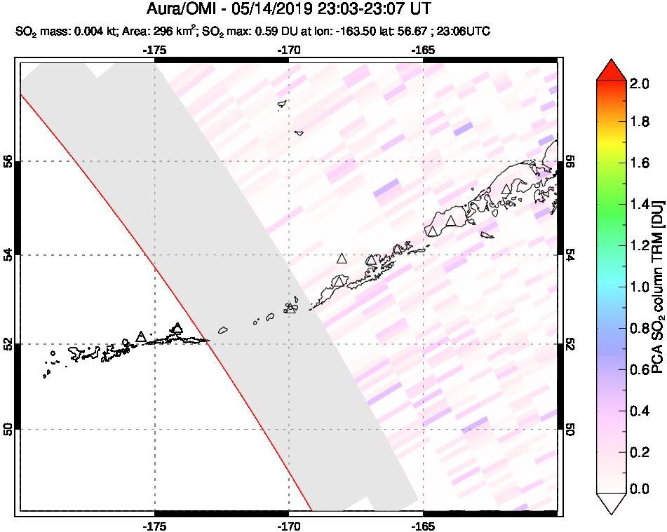 A sulfur dioxide image over Aleutian Islands, Alaska, USA on May 14, 2019.