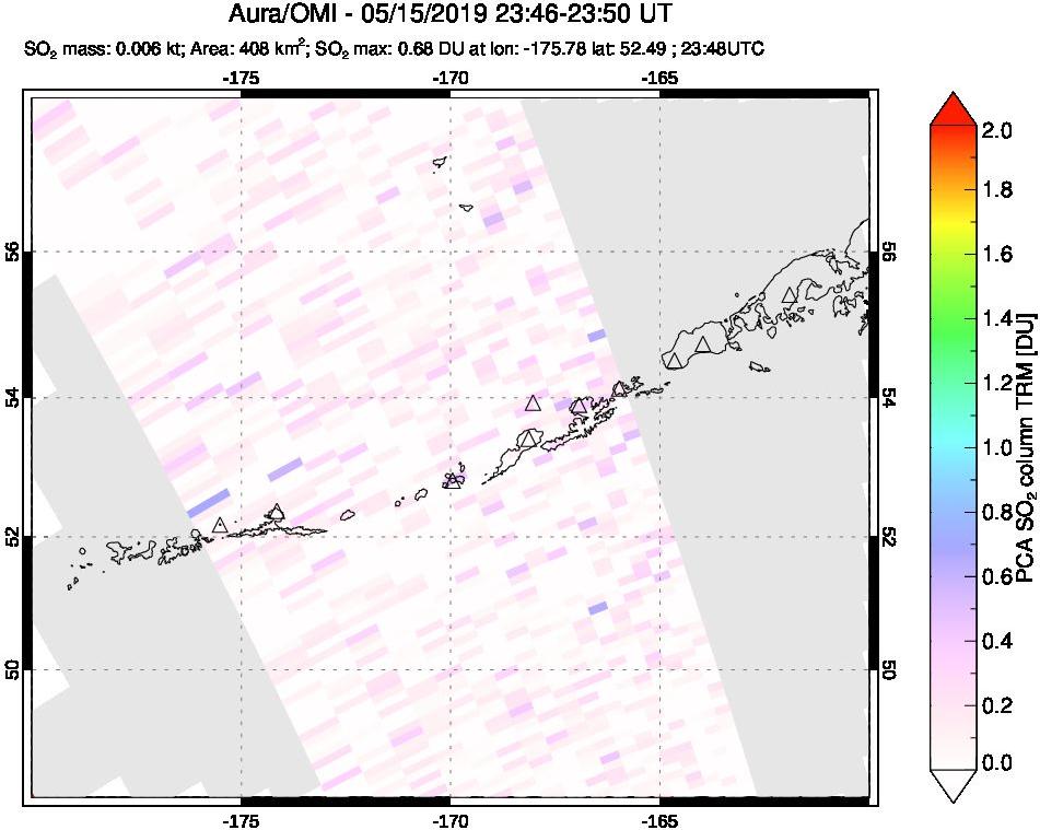 A sulfur dioxide image over Aleutian Islands, Alaska, USA on May 15, 2019.