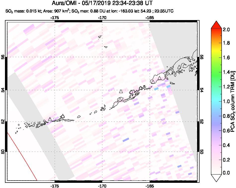 A sulfur dioxide image over Aleutian Islands, Alaska, USA on May 17, 2019.