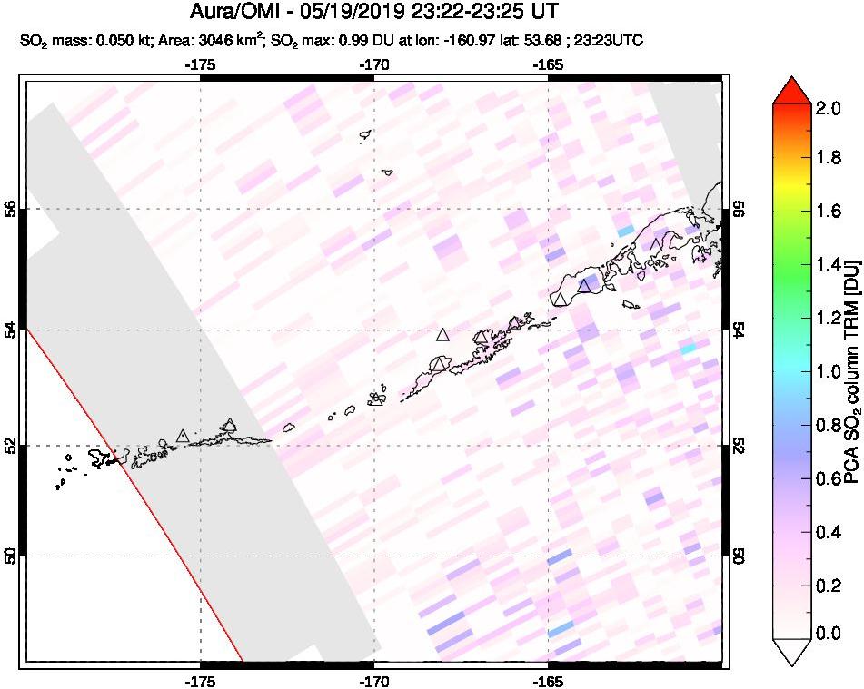 A sulfur dioxide image over Aleutian Islands, Alaska, USA on May 19, 2019.
