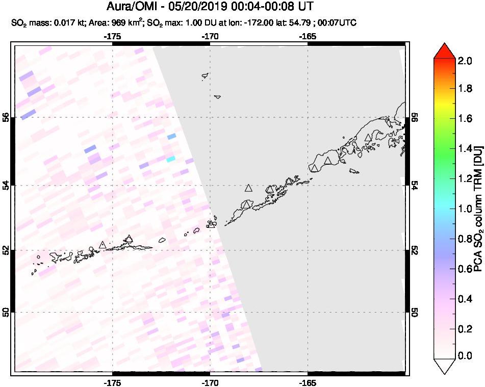 A sulfur dioxide image over Aleutian Islands, Alaska, USA on May 20, 2019.
