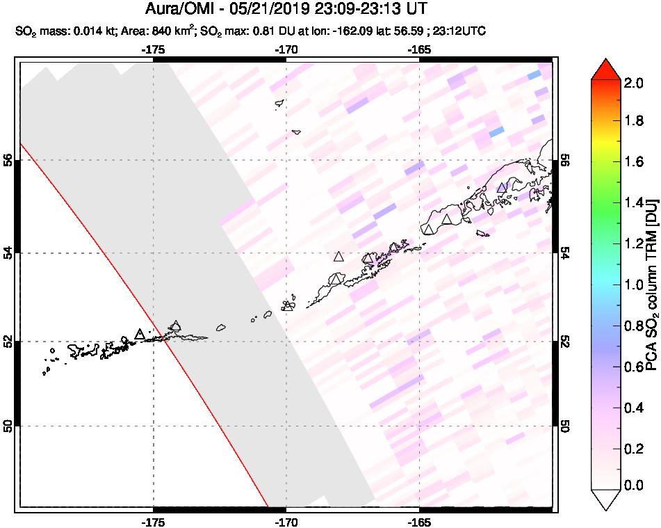 A sulfur dioxide image over Aleutian Islands, Alaska, USA on May 21, 2019.
