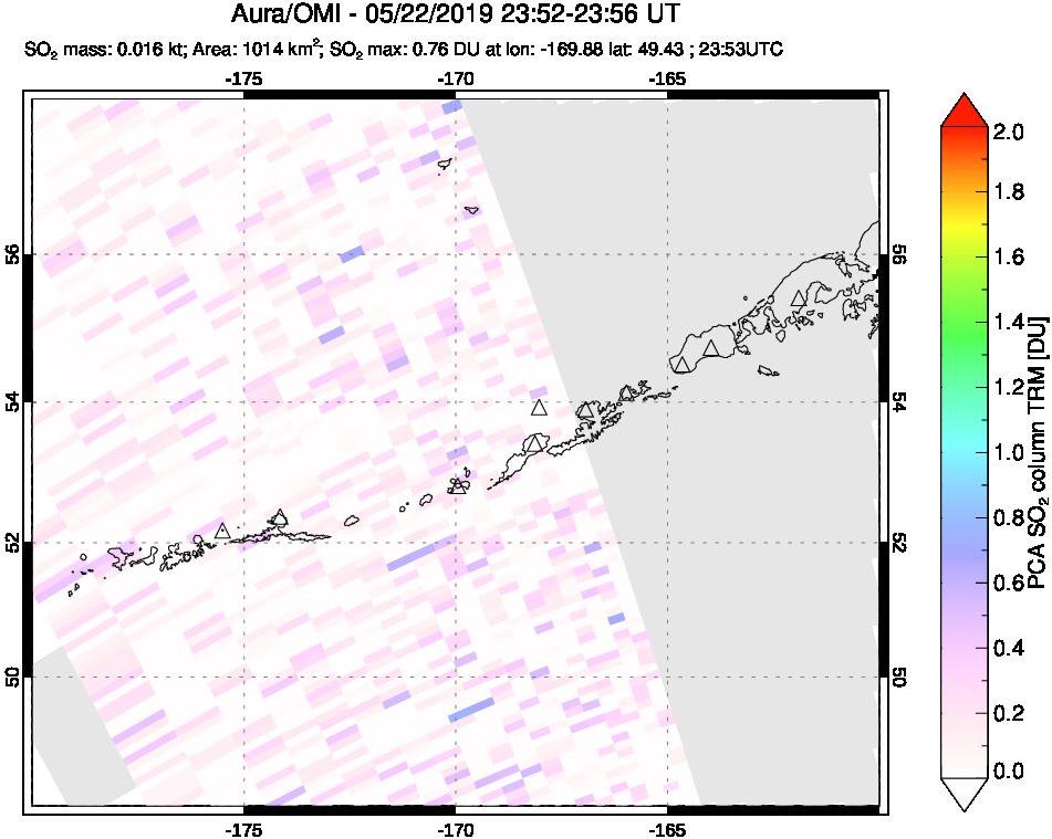 A sulfur dioxide image over Aleutian Islands, Alaska, USA on May 22, 2019.
