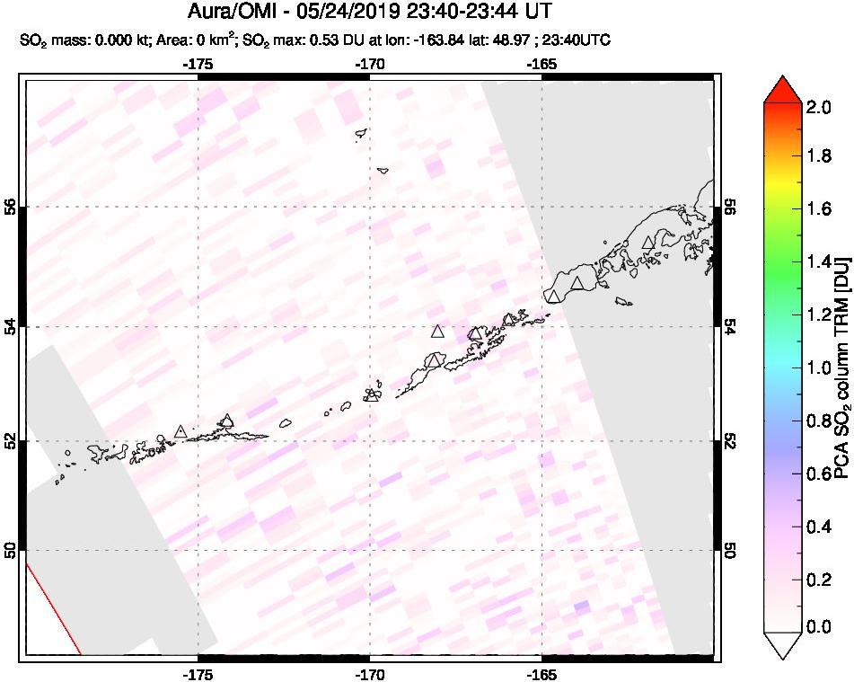 A sulfur dioxide image over Aleutian Islands, Alaska, USA on May 24, 2019.