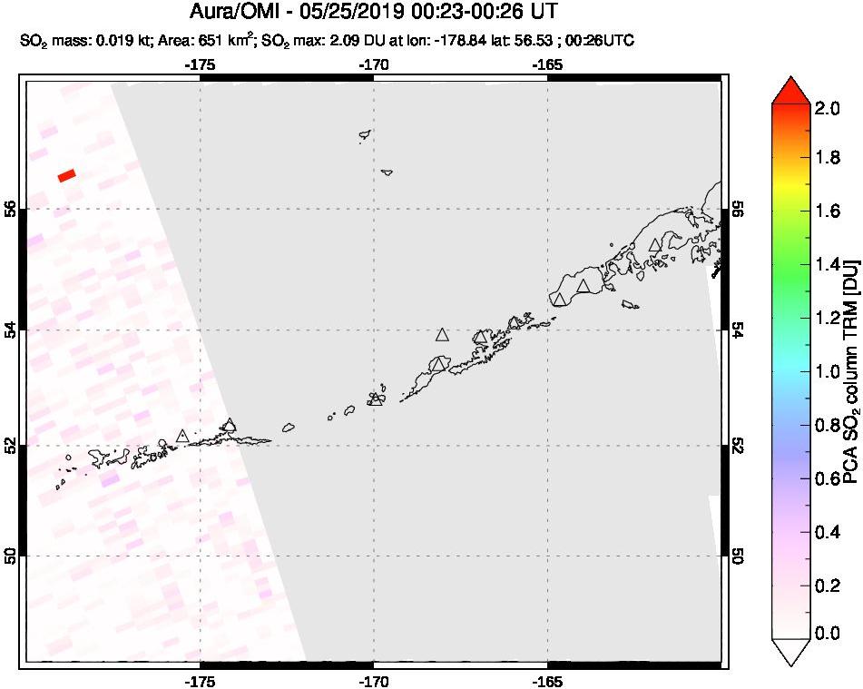 A sulfur dioxide image over Aleutian Islands, Alaska, USA on May 25, 2019.