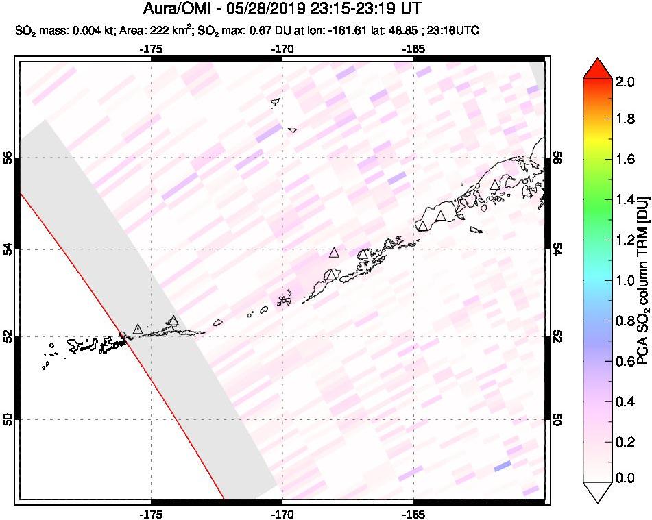 A sulfur dioxide image over Aleutian Islands, Alaska, USA on May 28, 2019.