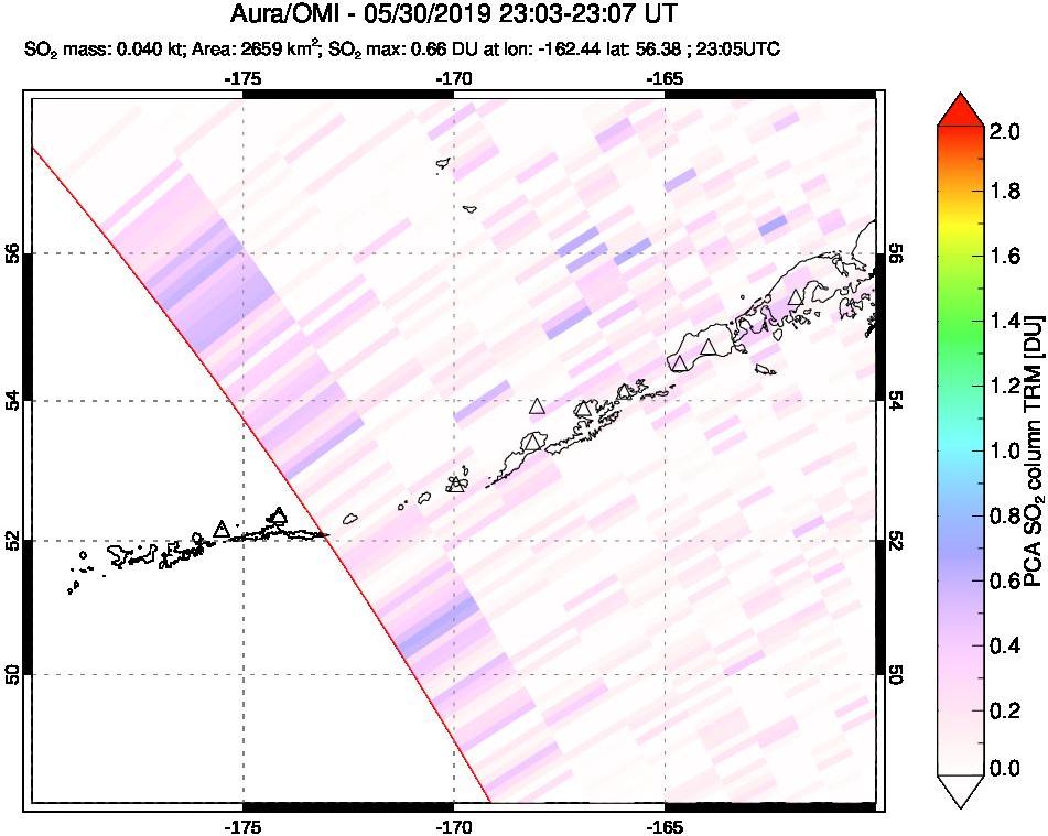 A sulfur dioxide image over Aleutian Islands, Alaska, USA on May 30, 2019.
