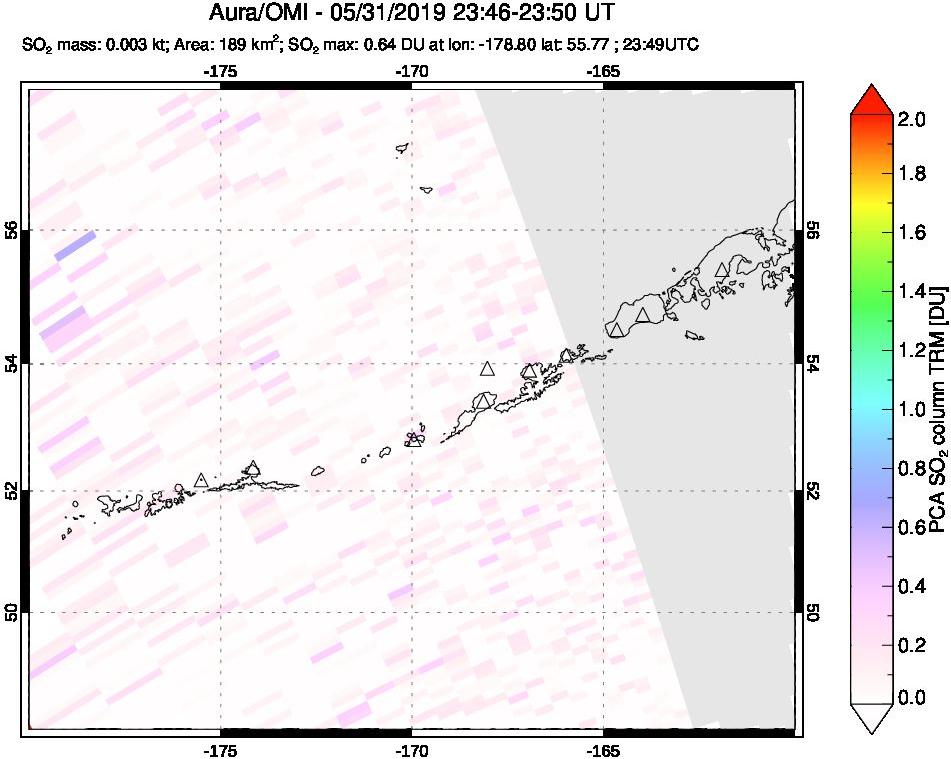A sulfur dioxide image over Aleutian Islands, Alaska, USA on May 31, 2019.