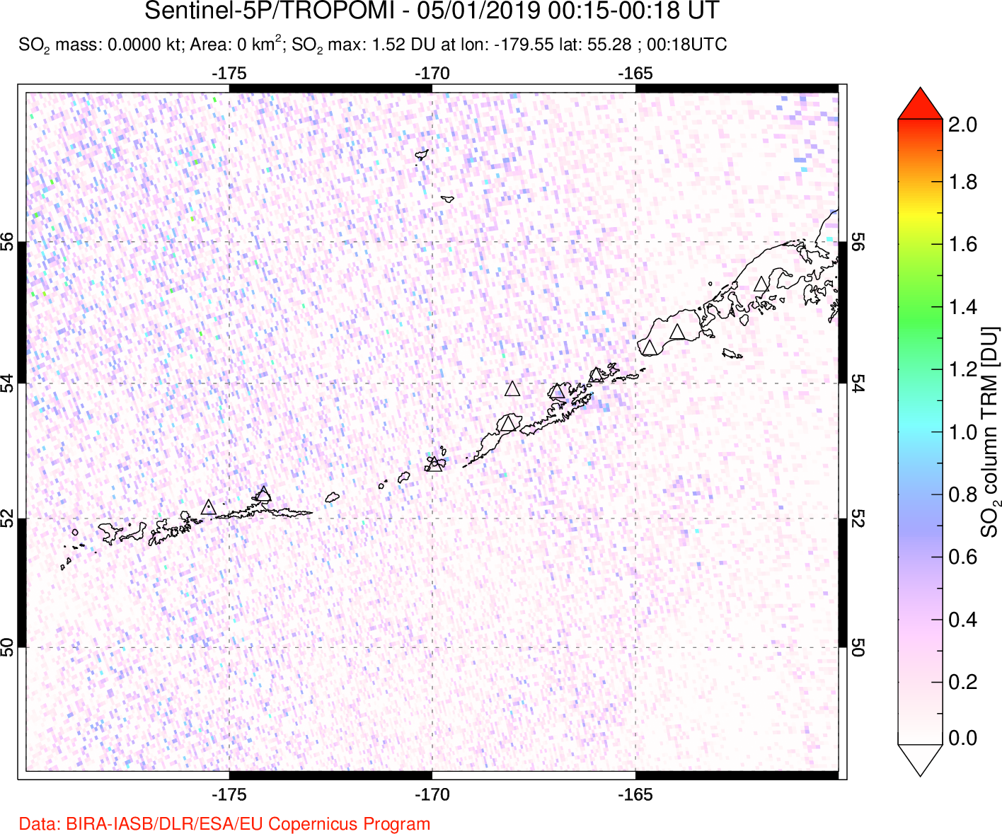 A sulfur dioxide image over Aleutian Islands, Alaska, USA on May 01, 2019.