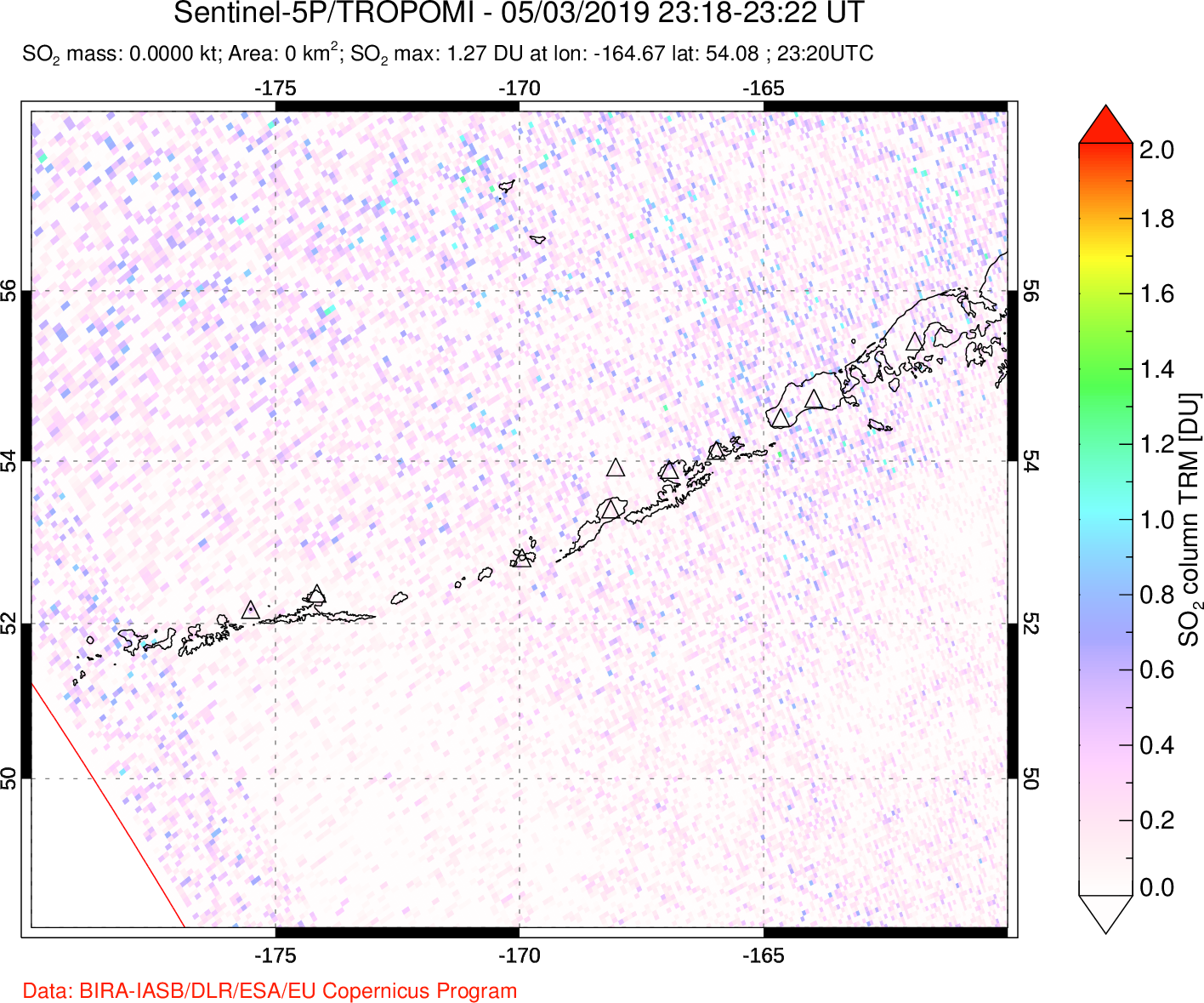 A sulfur dioxide image over Aleutian Islands, Alaska, USA on May 03, 2019.