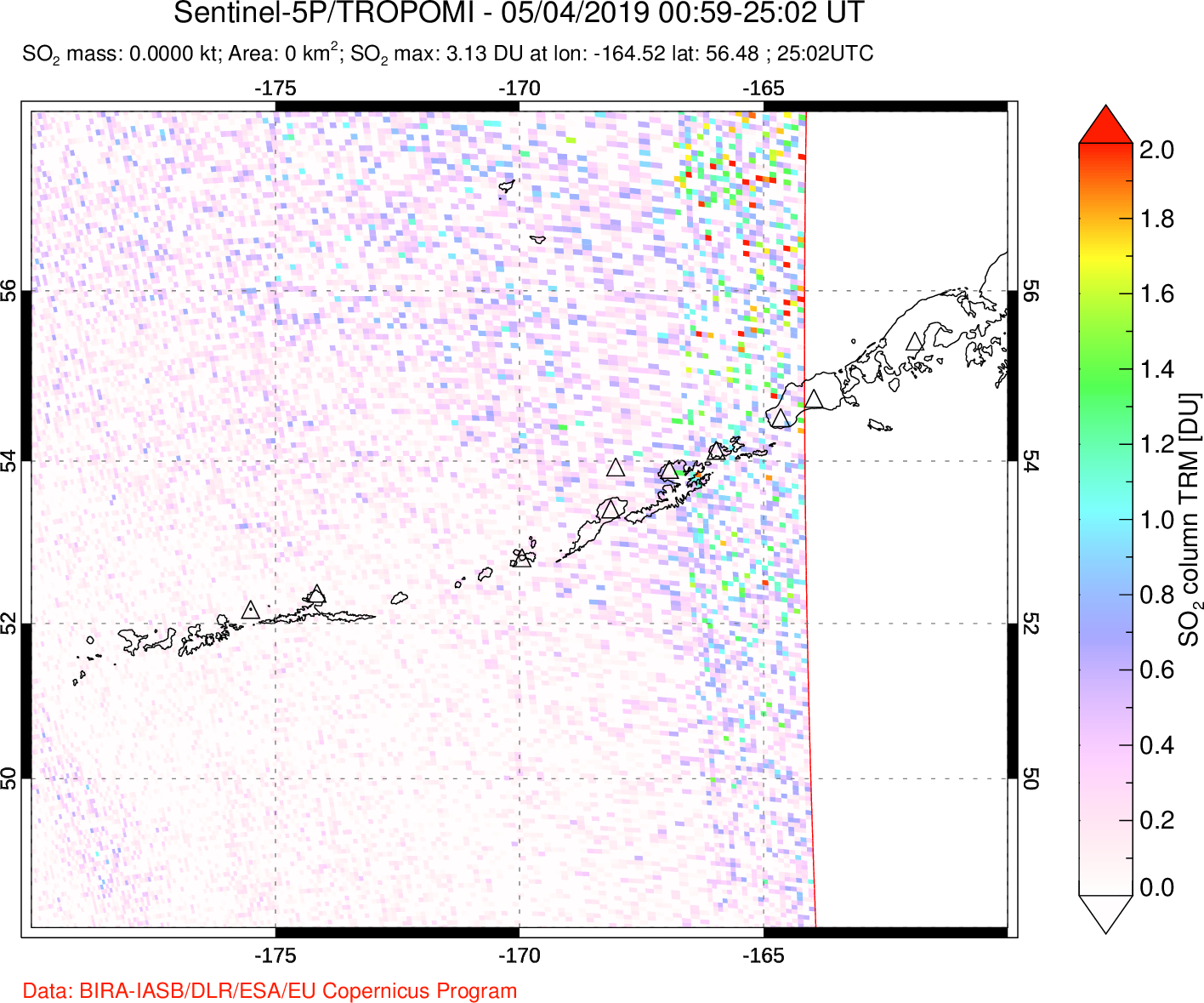 A sulfur dioxide image over Aleutian Islands, Alaska, USA on May 04, 2019.