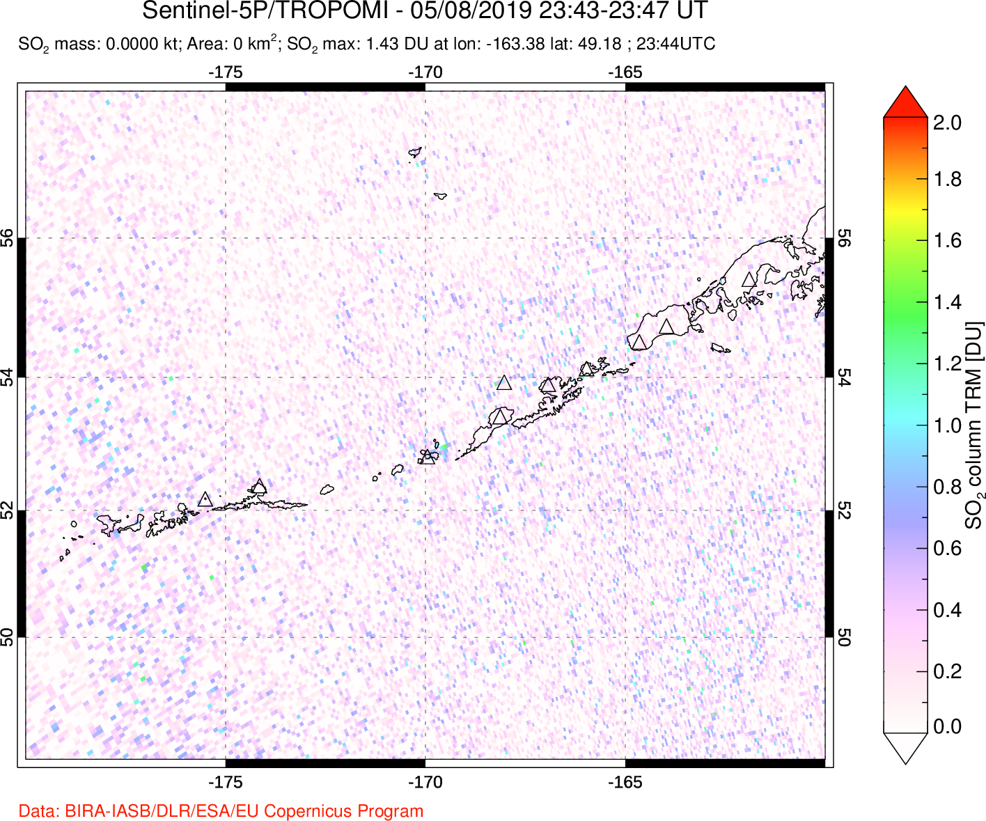 A sulfur dioxide image over Aleutian Islands, Alaska, USA on May 08, 2019.