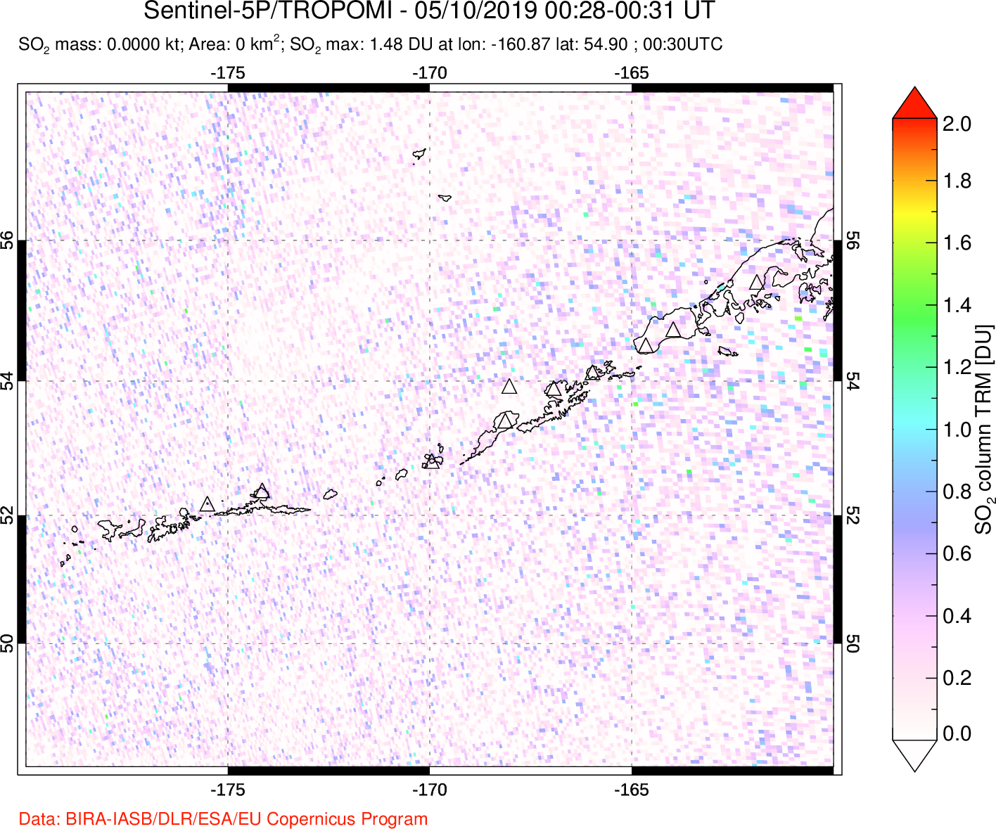 A sulfur dioxide image over Aleutian Islands, Alaska, USA on May 10, 2019.