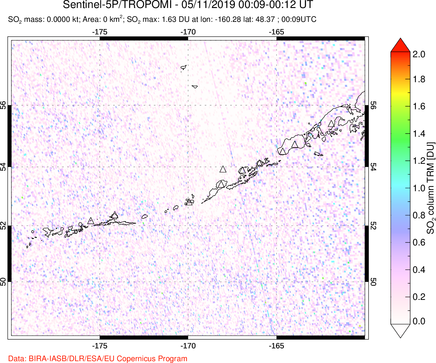 A sulfur dioxide image over Aleutian Islands, Alaska, USA on May 11, 2019.