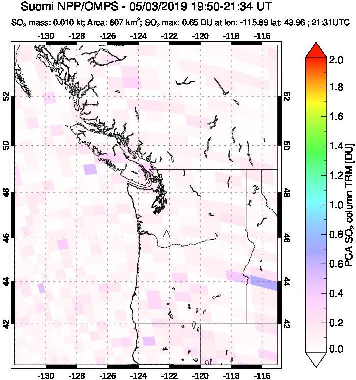 A sulfur dioxide image over Cascade Range, USA on May 03, 2019.