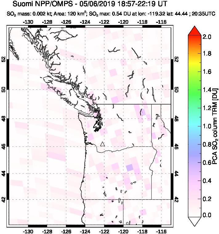 A sulfur dioxide image over Cascade Range, USA on May 06, 2019.