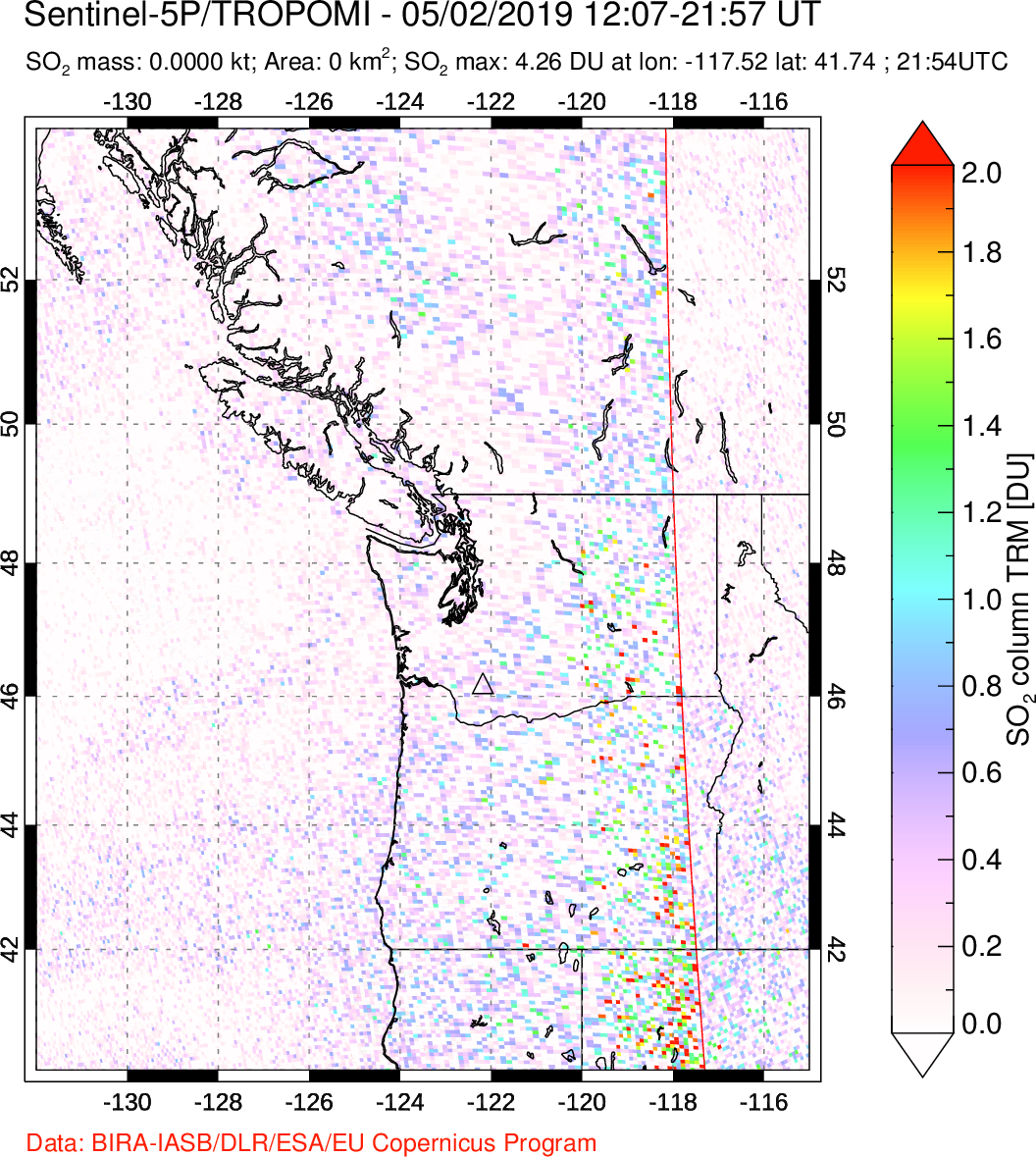 A sulfur dioxide image over Cascade Range, USA on May 02, 2019.