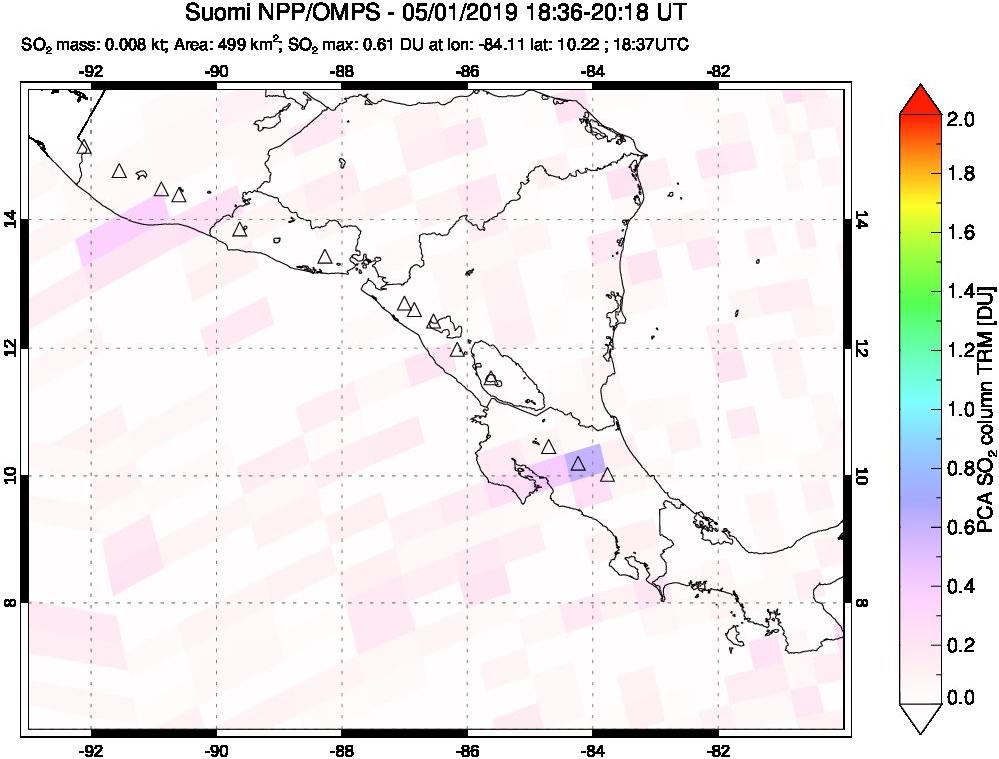 A sulfur dioxide image over Central America on May 01, 2019.