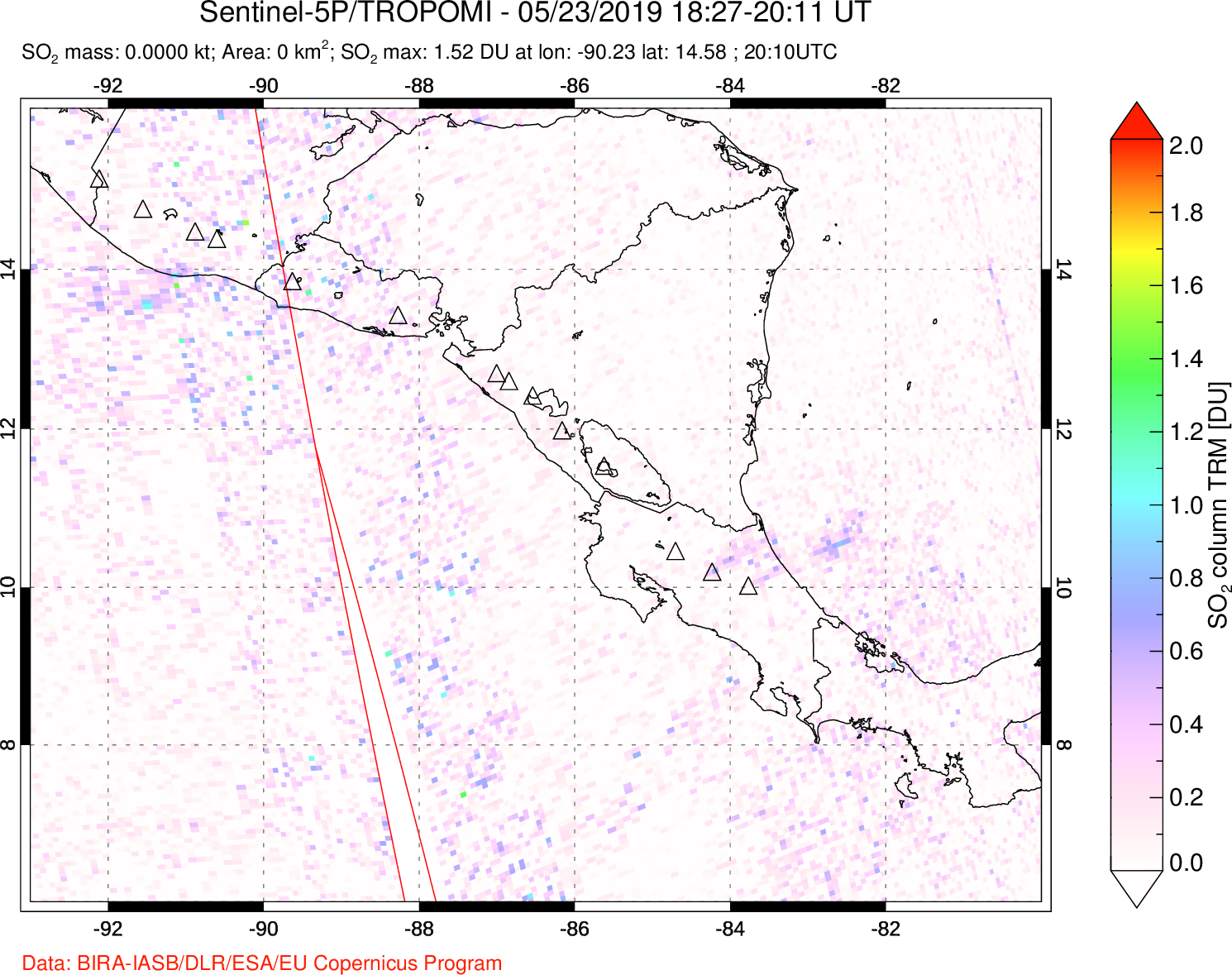 A sulfur dioxide image over Central America on May 23, 2019.