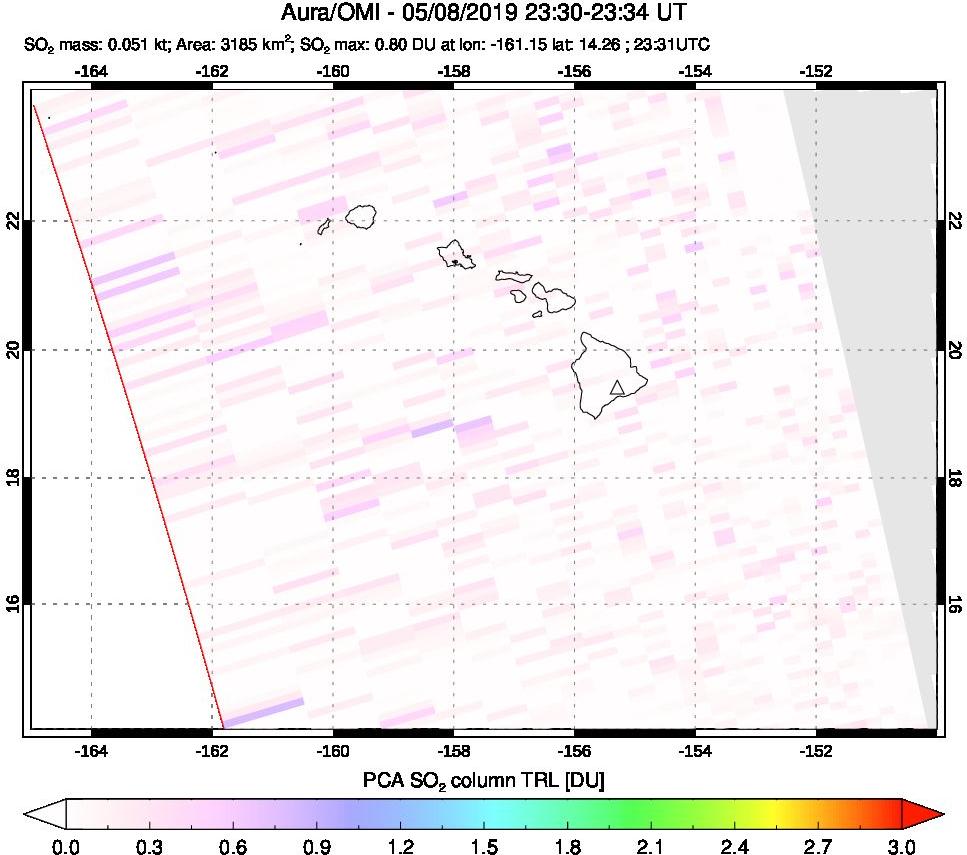 A sulfur dioxide image over Hawaii, USA on May 08, 2019.