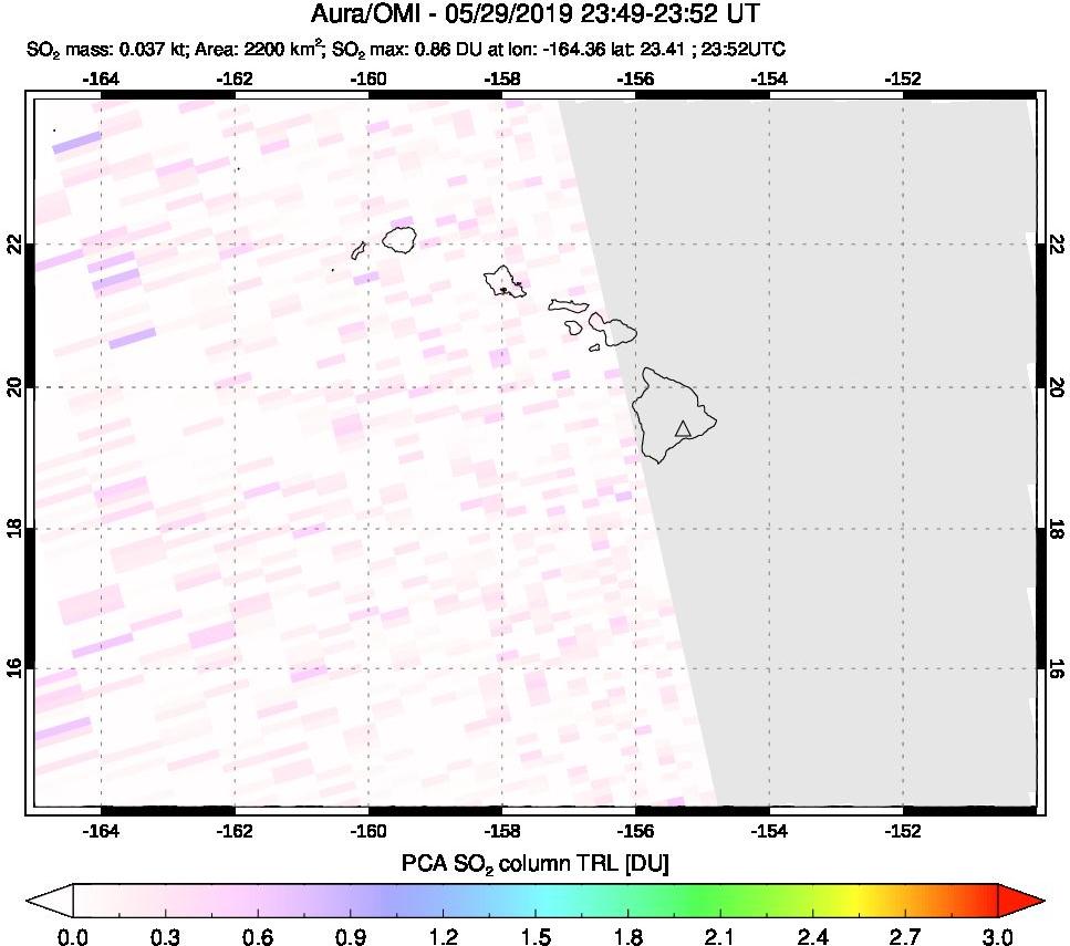 A sulfur dioxide image over Hawaii, USA on May 29, 2019.