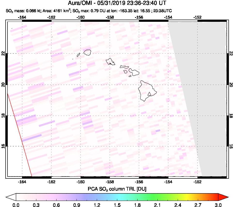 A sulfur dioxide image over Hawaii, USA on May 31, 2019.