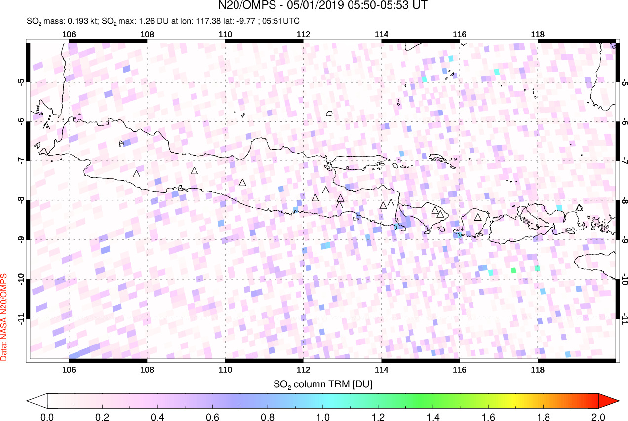 A sulfur dioxide image over Java, Indonesia on May 01, 2019.