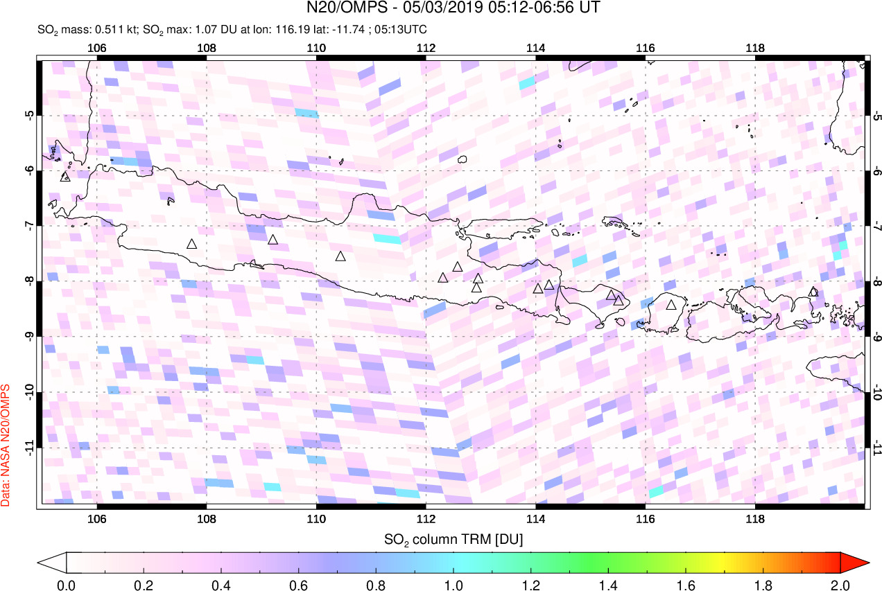 A sulfur dioxide image over Java, Indonesia on May 03, 2019.