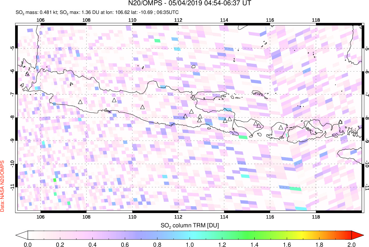 A sulfur dioxide image over Java, Indonesia on May 04, 2019.