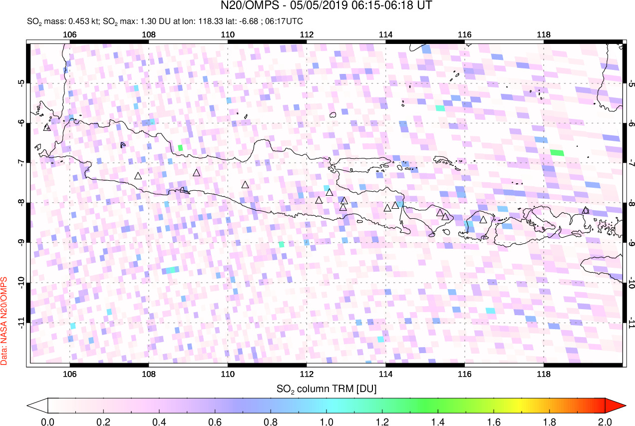 A sulfur dioxide image over Java, Indonesia on May 05, 2019.
