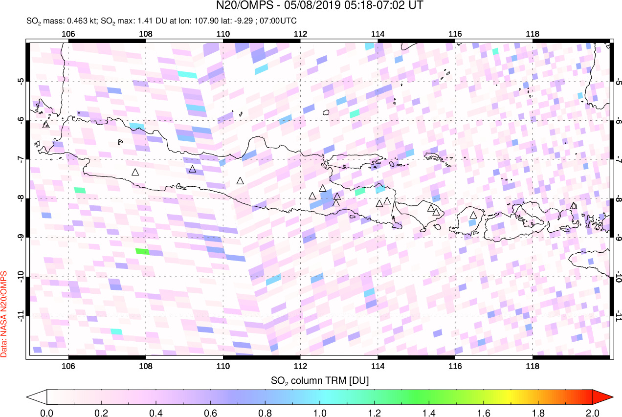 A sulfur dioxide image over Java, Indonesia on May 08, 2019.