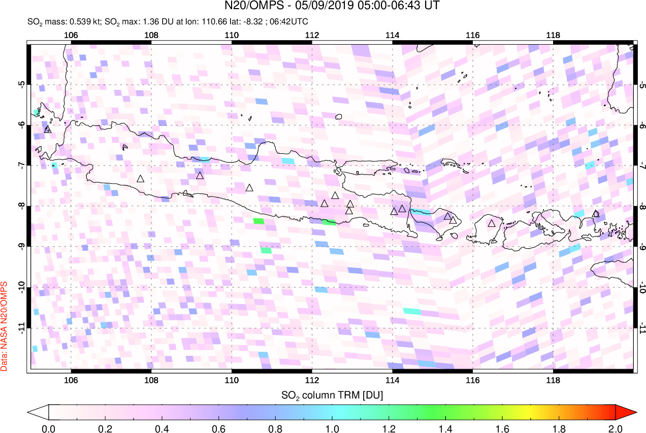 A sulfur dioxide image over Java, Indonesia on May 09, 2019.