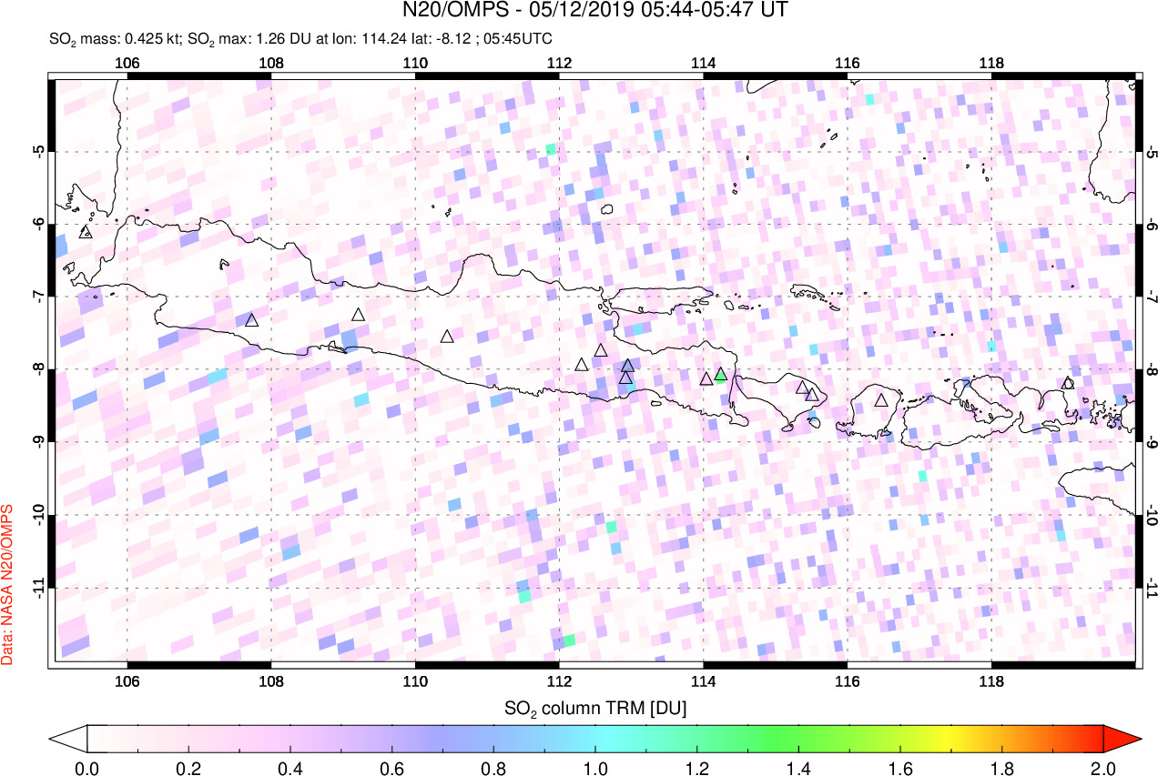 A sulfur dioxide image over Java, Indonesia on May 12, 2019.