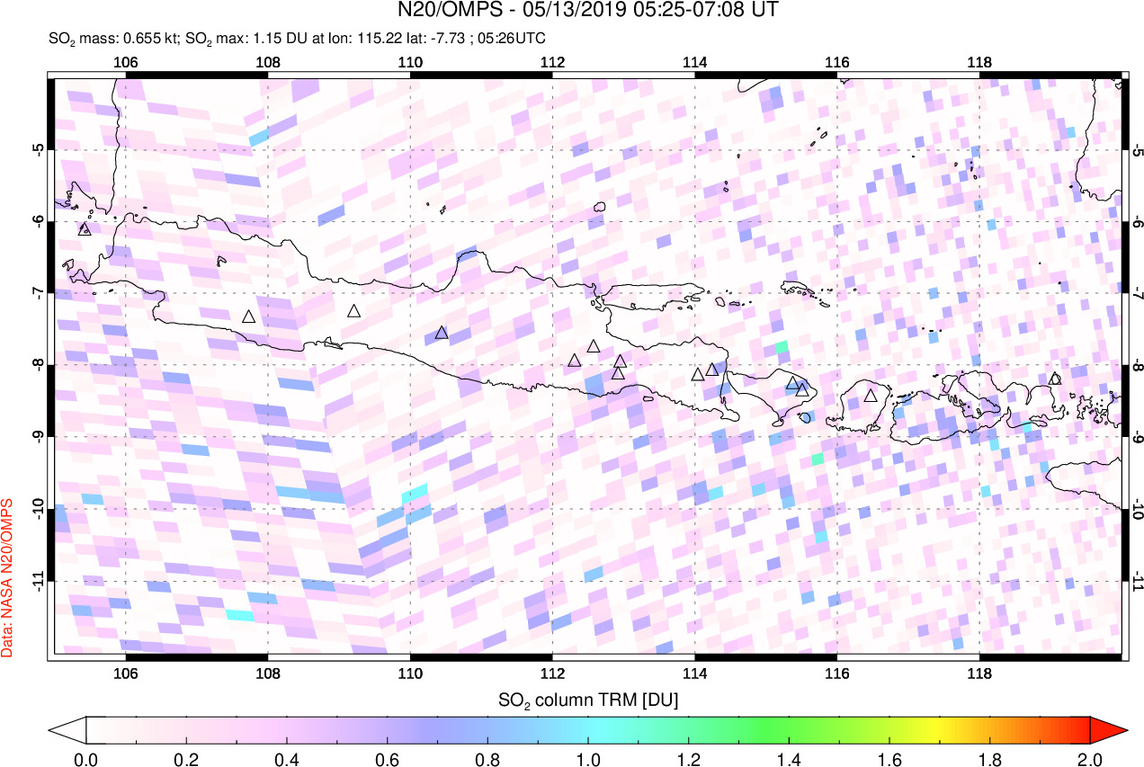 A sulfur dioxide image over Java, Indonesia on May 13, 2019.