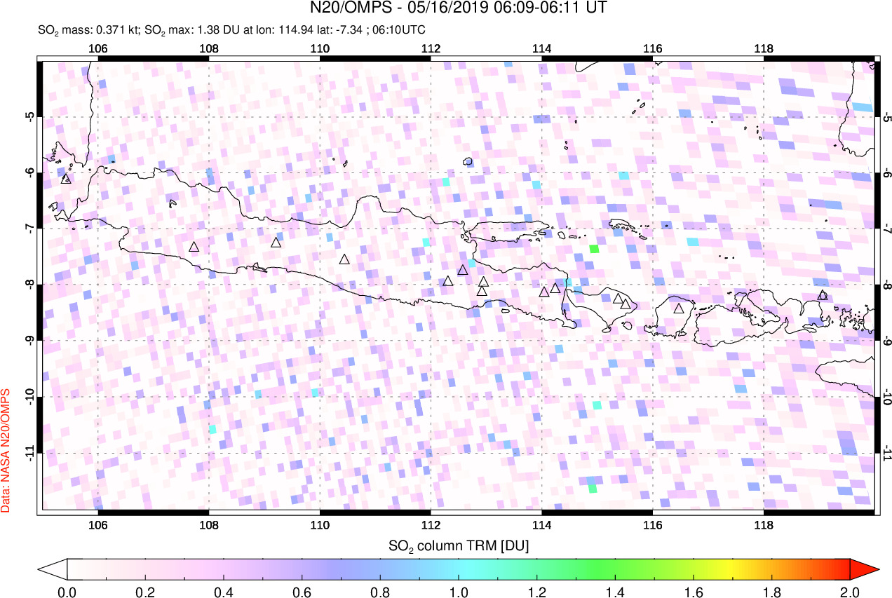 A sulfur dioxide image over Java, Indonesia on May 16, 2019.