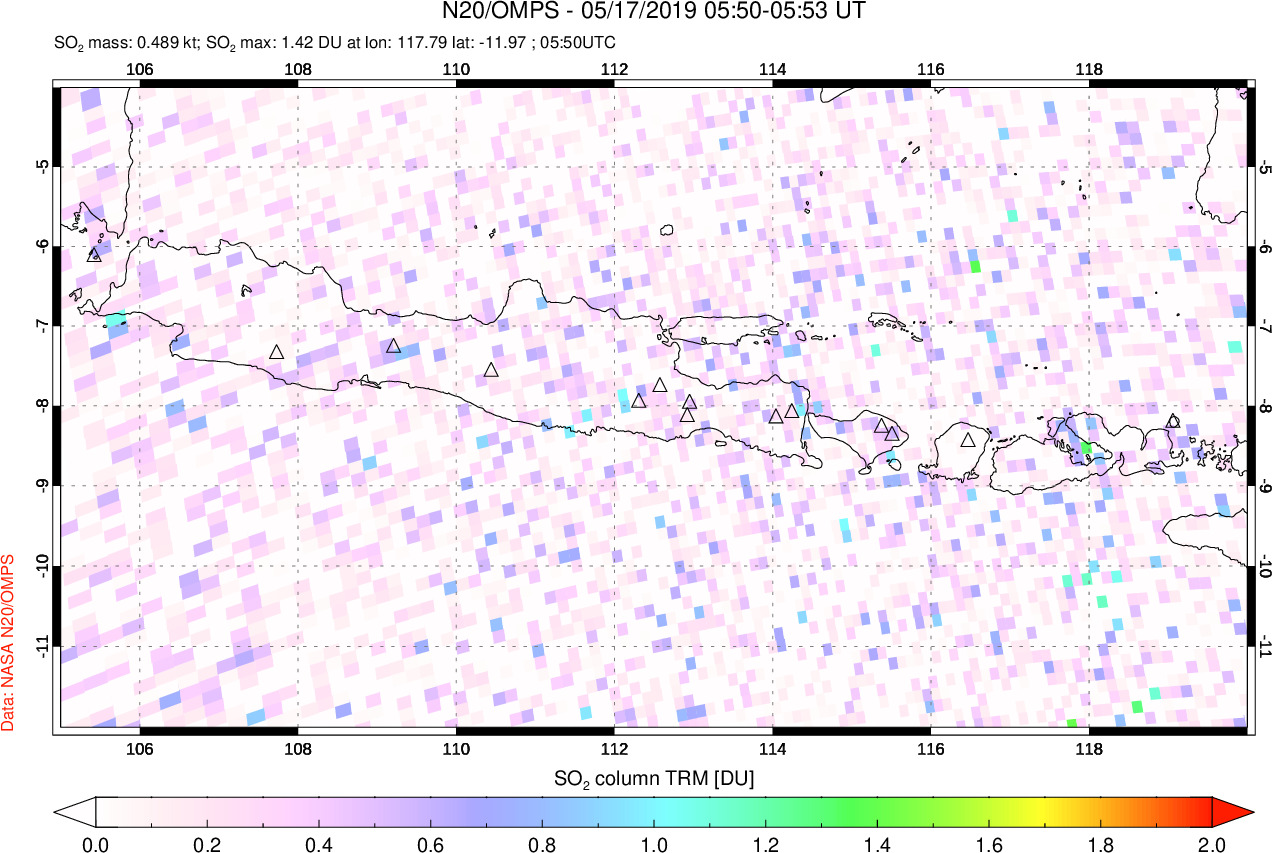 A sulfur dioxide image over Java, Indonesia on May 17, 2019.
