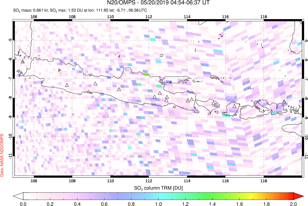 A sulfur dioxide image over Java, Indonesia on May 20, 2019.