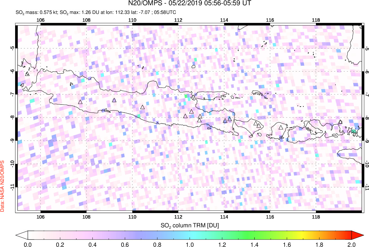 A sulfur dioxide image over Java, Indonesia on May 22, 2019.