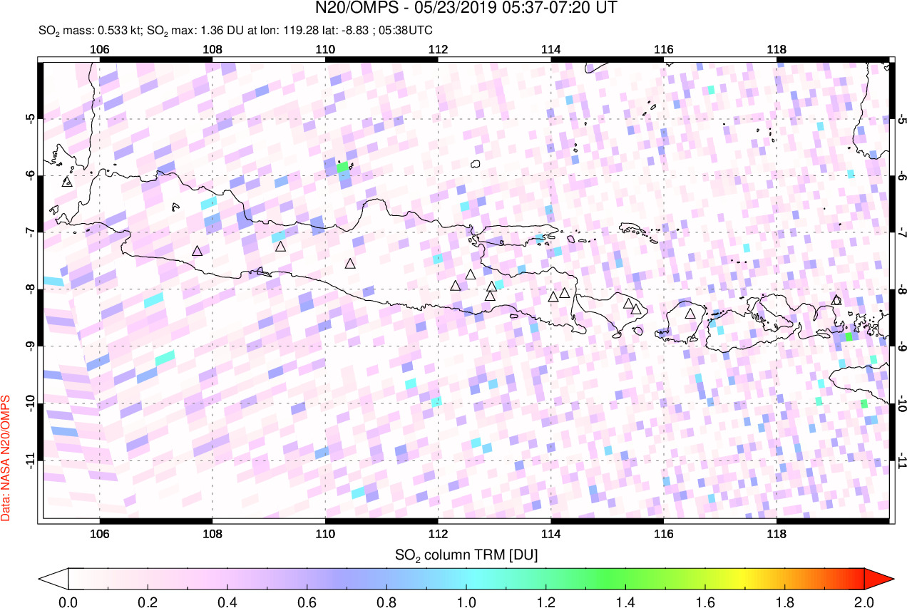 A sulfur dioxide image over Java, Indonesia on May 23, 2019.