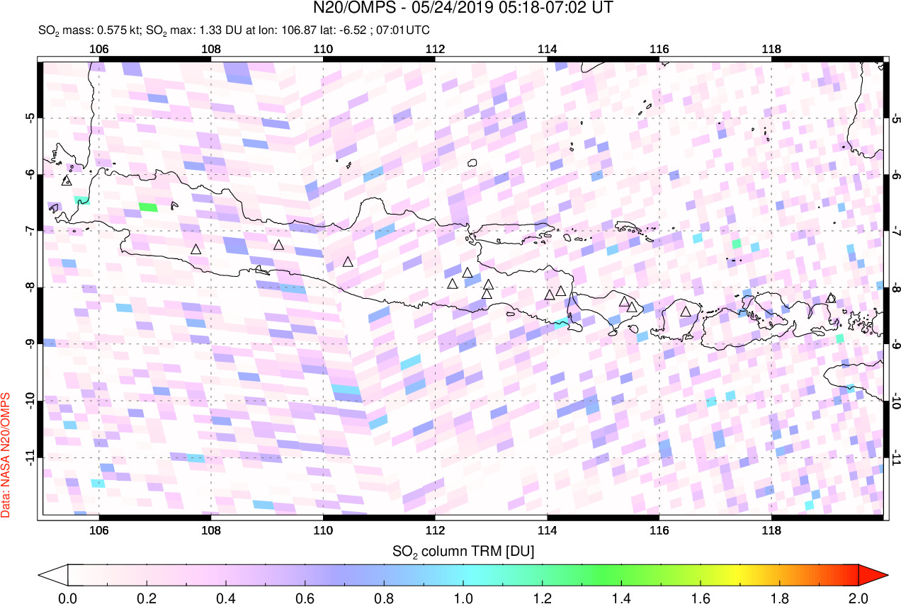 A sulfur dioxide image over Java, Indonesia on May 24, 2019.