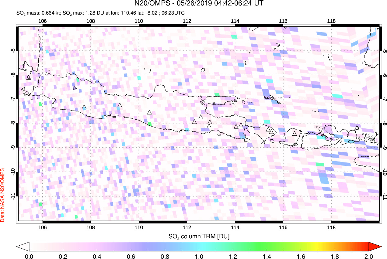 A sulfur dioxide image over Java, Indonesia on May 26, 2019.