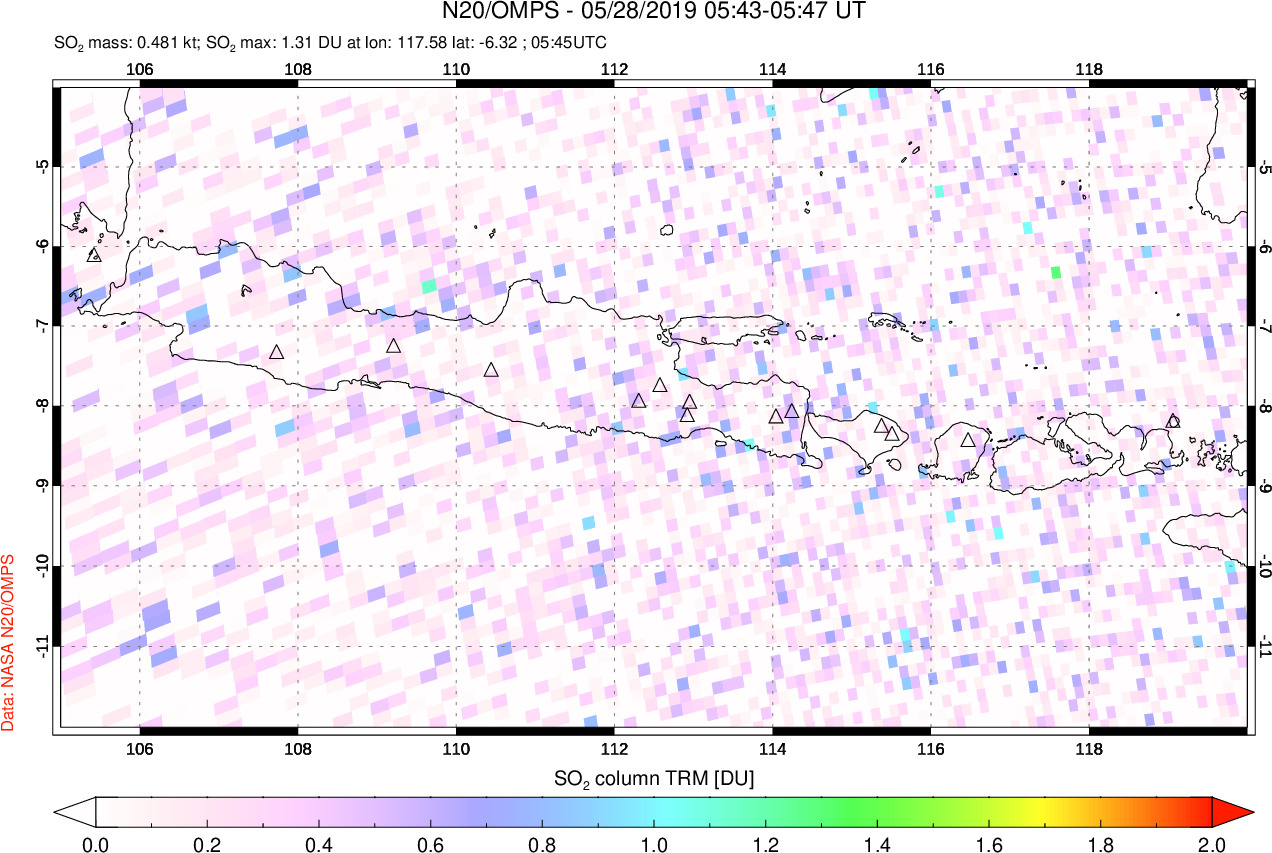 A sulfur dioxide image over Java, Indonesia on May 28, 2019.