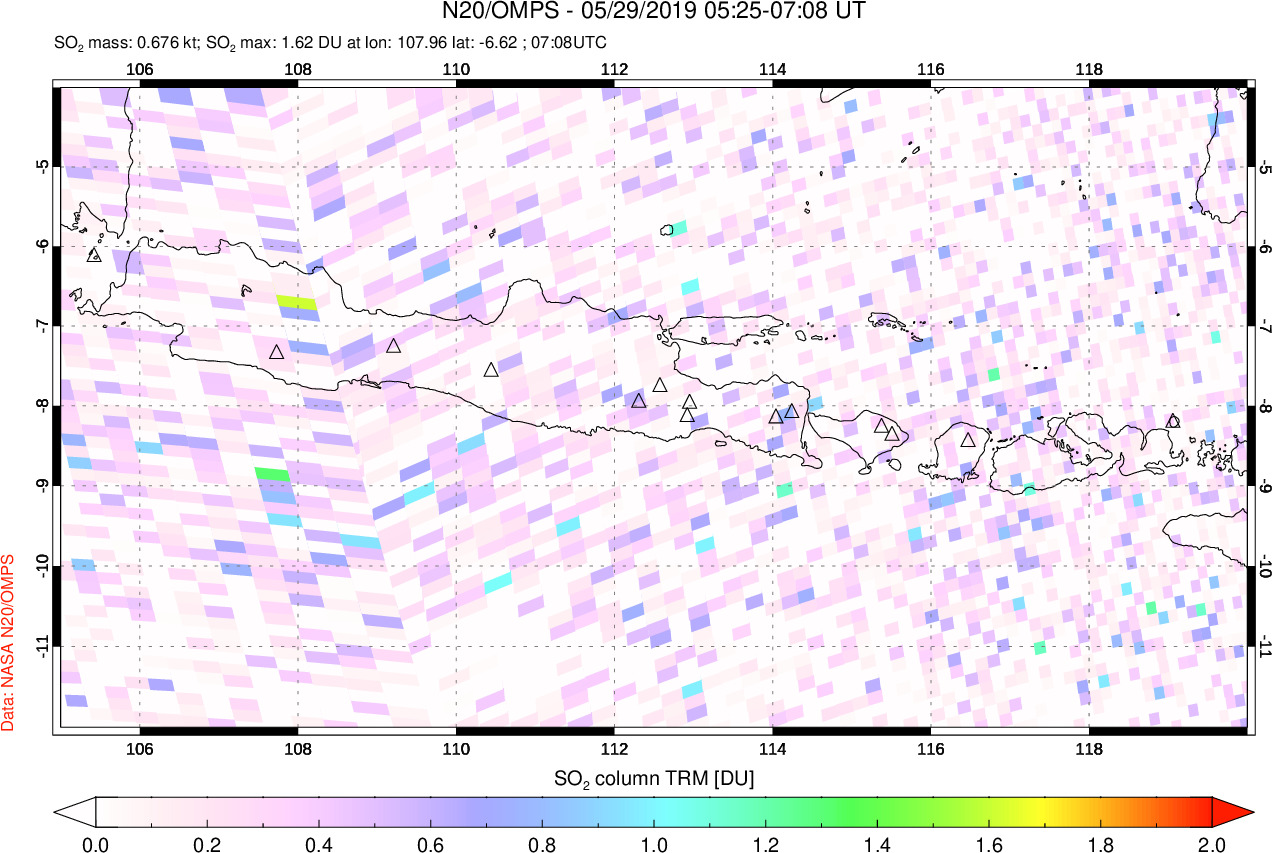 A sulfur dioxide image over Java, Indonesia on May 29, 2019.