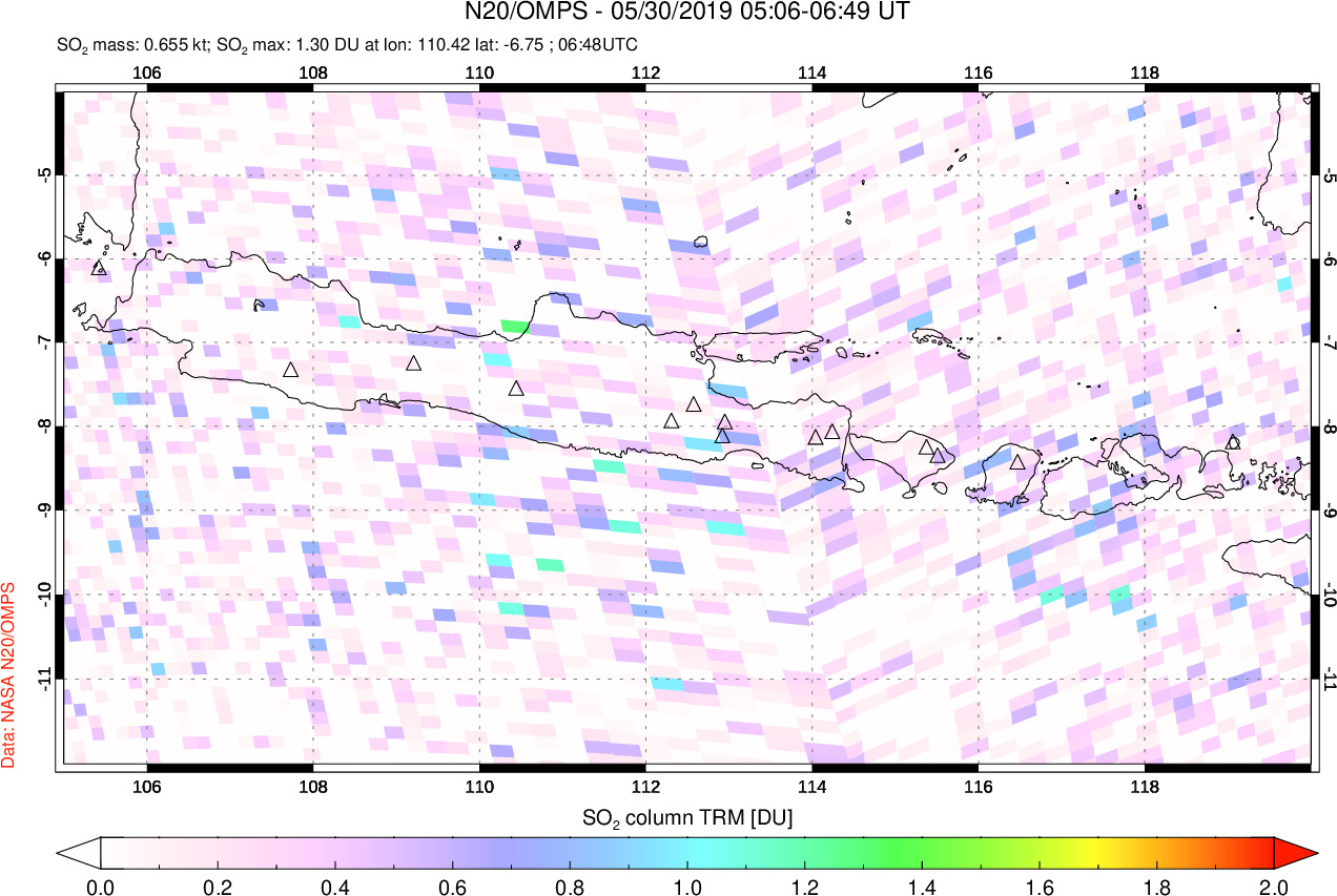 A sulfur dioxide image over Java, Indonesia on May 30, 2019.