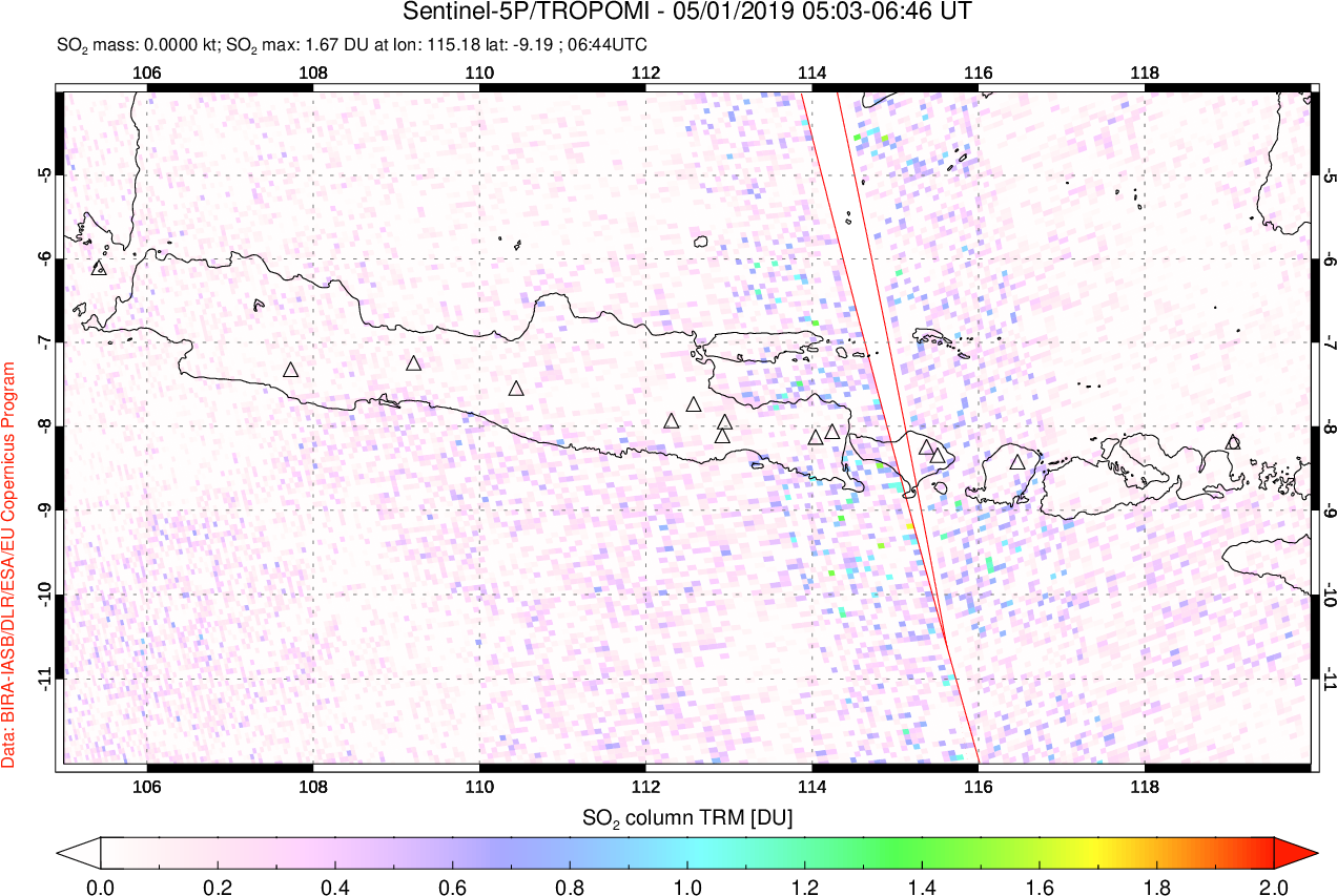 A sulfur dioxide image over Java, Indonesia on May 01, 2019.